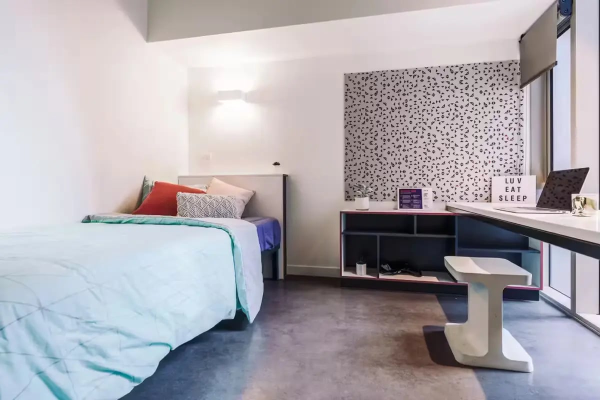 Bed desk patterned wall study area bedroom at Student One Wharf Street in Brisbane Student Accommodation