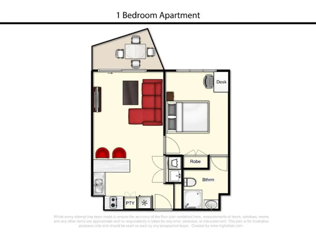 Apartment floor plan with bed desk and living area Floor plan at Altitude Taringa in Brisbane Student Accommodation