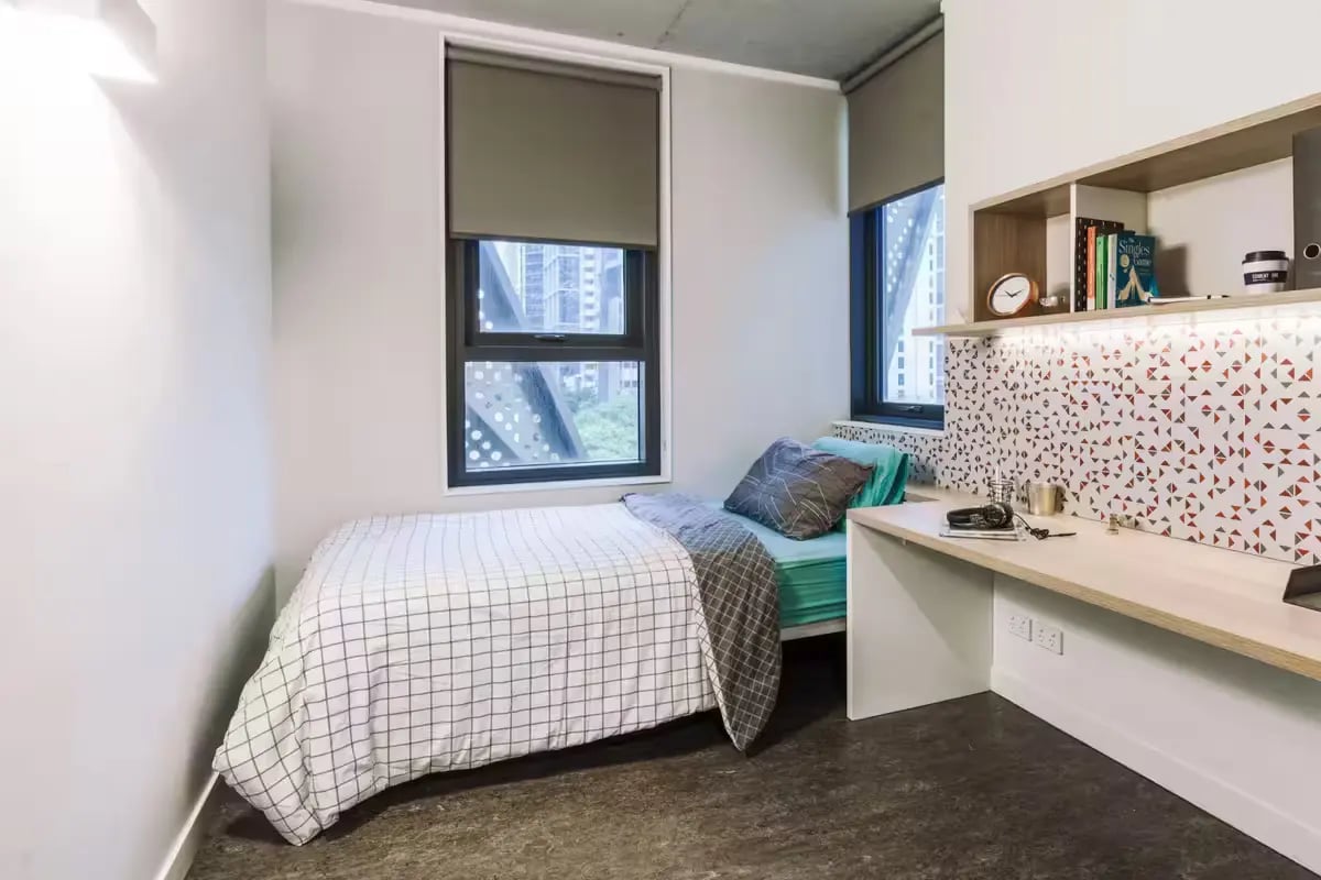 Bed desk with shelves and window bedroom at Student One Elizabeth Street in Brisbane Student Accommodation