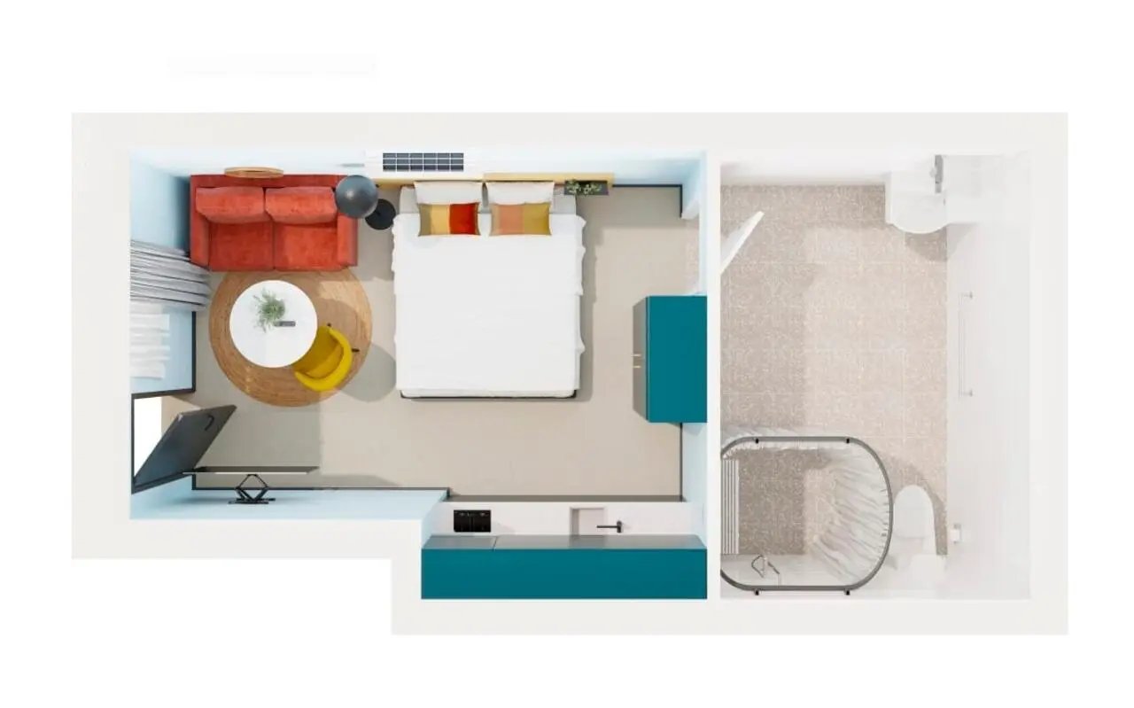 Bed sofa kitchen and bathroom layout at UKO Marrickville Village in Sydney Student Accommodation