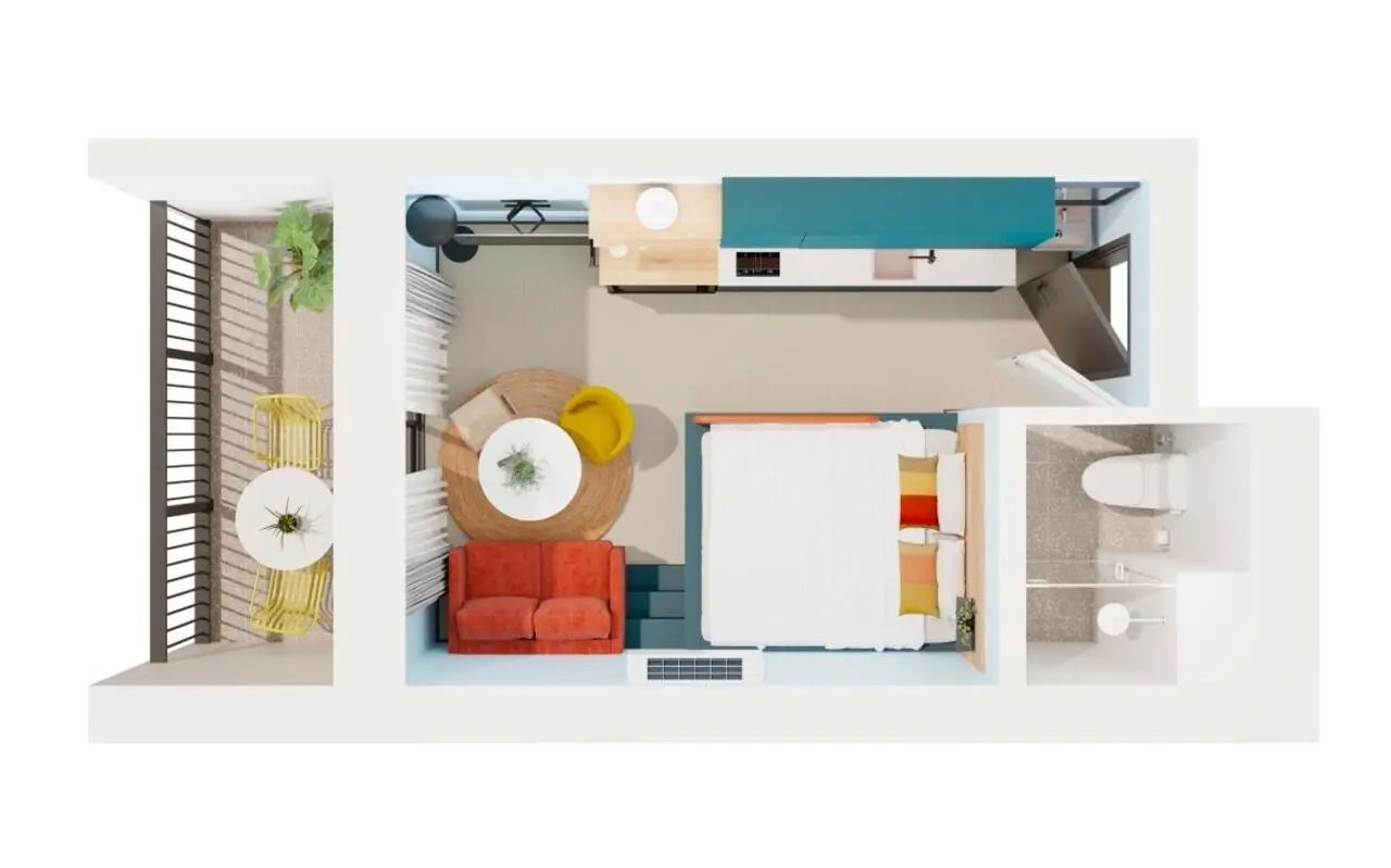 Sofa bed kitchen small table bathroom aerial view at UKO Marrickville Village in Sydney Student Accommodation