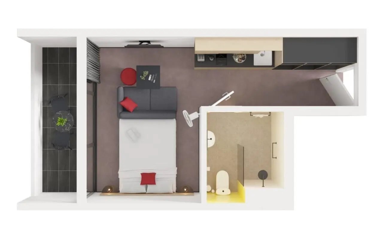 Bed couch kitchen area and bathroom bedroom at UKO Newtown in Sydney Student Accommodation