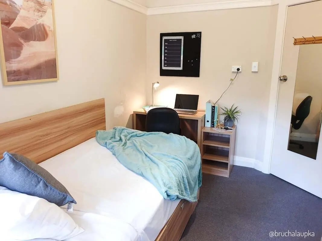 Bed desk laptop plant and mirror bedroom at ume Potts Point in Sydney Student Accommodation