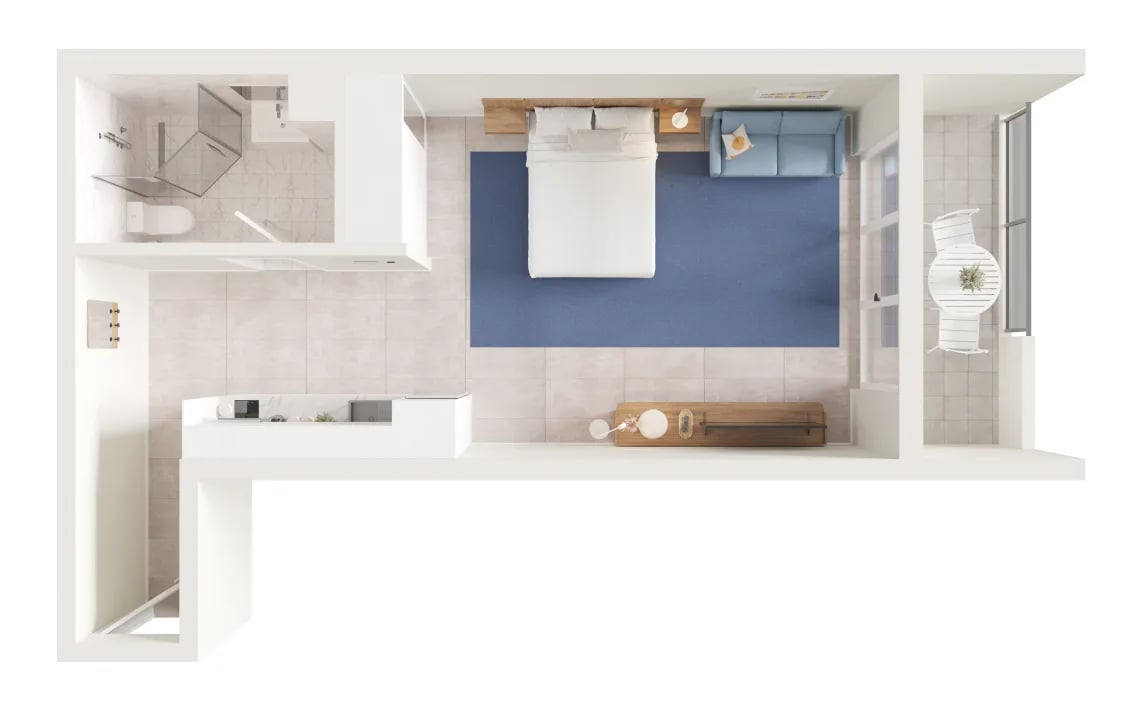 Bed sofa and balcony with table studio apartment at UKO West Ryde in Sydney Student Accommodation