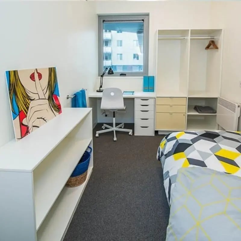 Bed desk wardrobe shelving artwork bedroom at Student Village - University of Melbourne Campus in Melbourne Student Accommodation