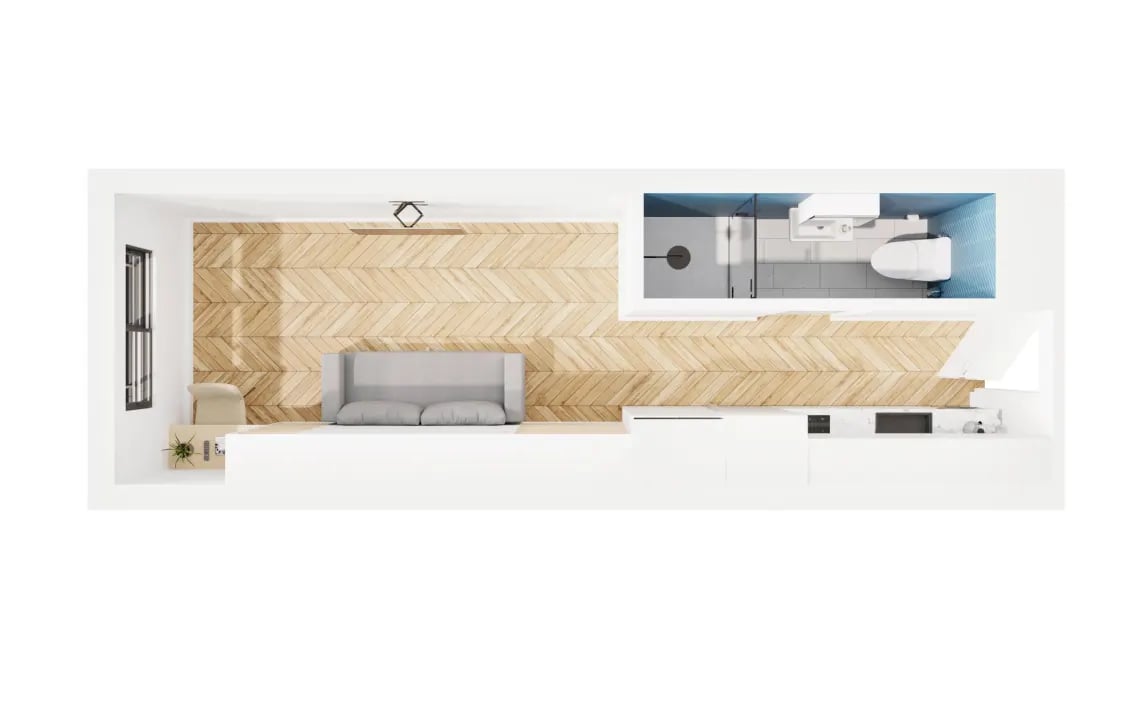 Grey sofa wood accent wall kitchen and bathroom at UKO Kensington in Sydney Student Accommodation