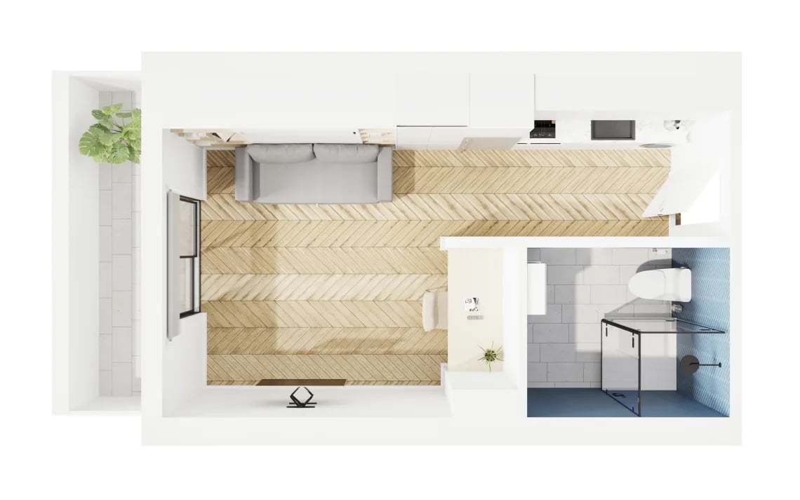 Sofa kitchen and bathroom layout at UKO Kensington in Sydney Student Accommodation