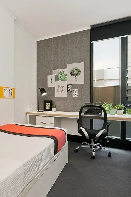 Bed desk chair pictures artwork Bedroom at Iglu Chatswood in Sydney Student Accommodation