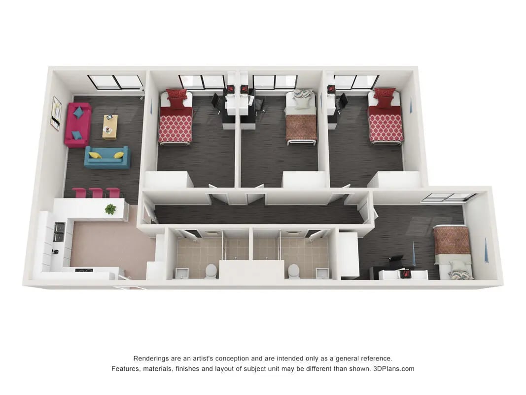 Living area study rooms and bathrooms floor plan at ECU Village Joondalup in Perth Student Accommodation
