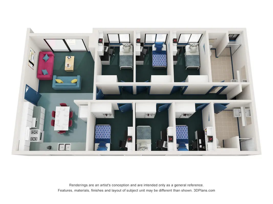 Living area kitchen and multiple bedrooms floor plan at ECU Village Joondalup in Perth Student Accommodation