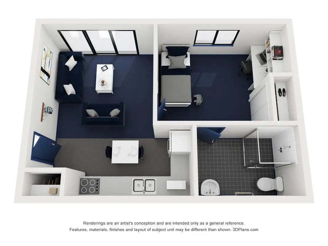 Sofa bed desk bed shower toilet kitchen living room bedroom bathroom at ECU Village Joondalup in Perth Student Accommodation