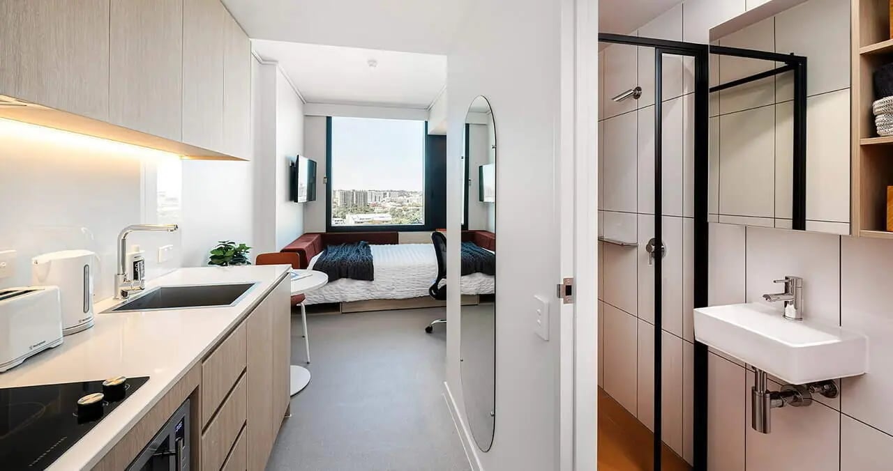 Kitchen sink bed and shower bathroom and bedroom at Iglu Redfern in Sydney Student Accommodation