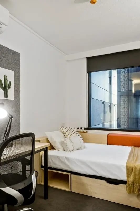 Bed desk chair cactus art bedroom at Iglu South Yarra in Melbourne Student Accommodation