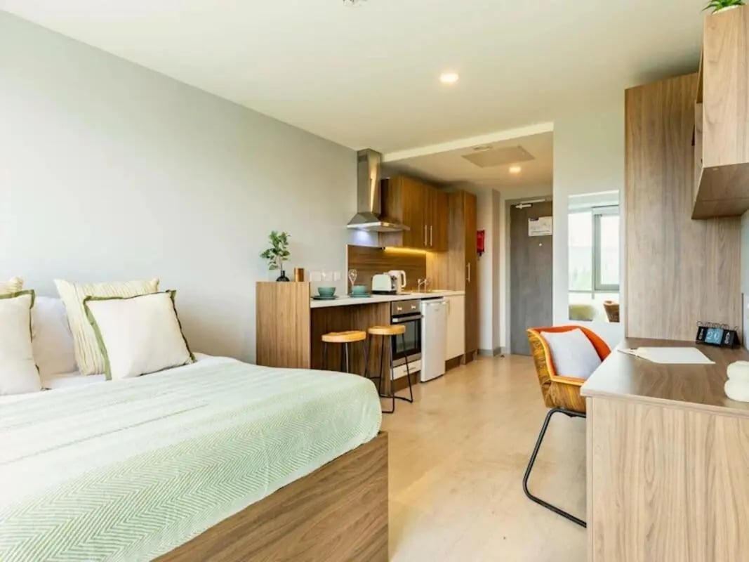Bed kitchen and study area studio at Scotway House in Glasgow Student Accommodation