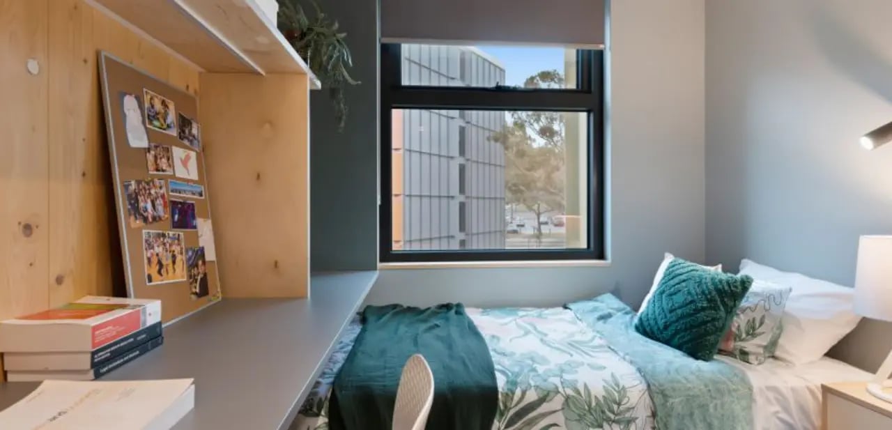 Bed desk corkboard and plants bedroom at La Trobe University - North and South Apartments in Melbourne Student Accommodation