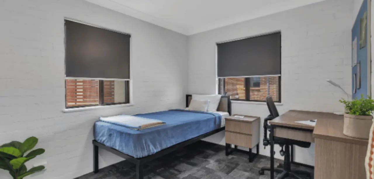 Bed desk chair plant and nightstand bedroom at Western Sydney University Hawkesbury Village in Sydney Student Accommodation