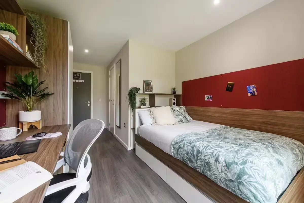 Desk chair bed plants and red noticeboard bedroom at Frederick House in York Student Accommodation