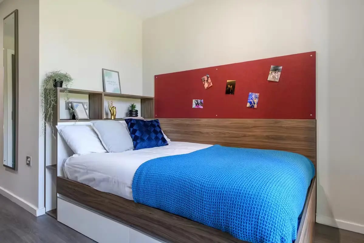 Bed with blue blanket and photos on red pinboard Bedroom at Frederick House in York Student Accommodation