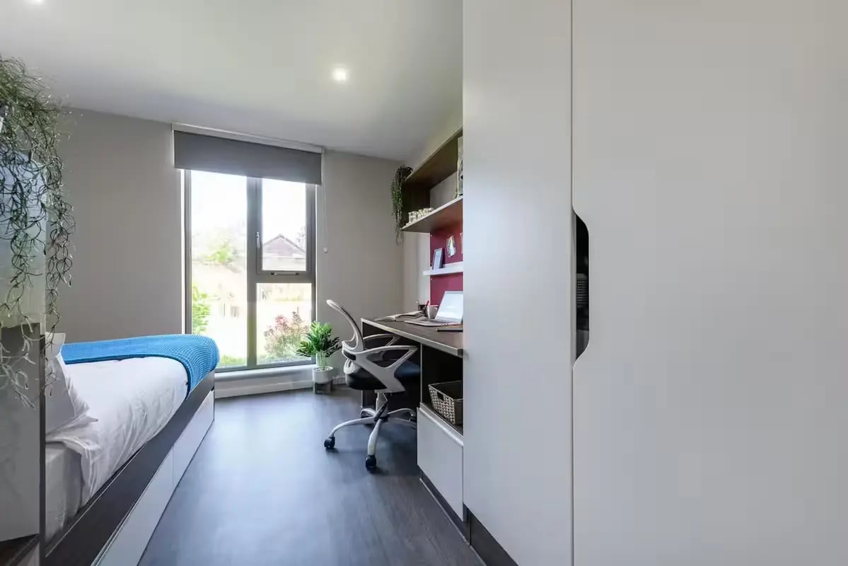 Bed desk chair laptop and window bedroom at Frederick House in York Student Accommodation
