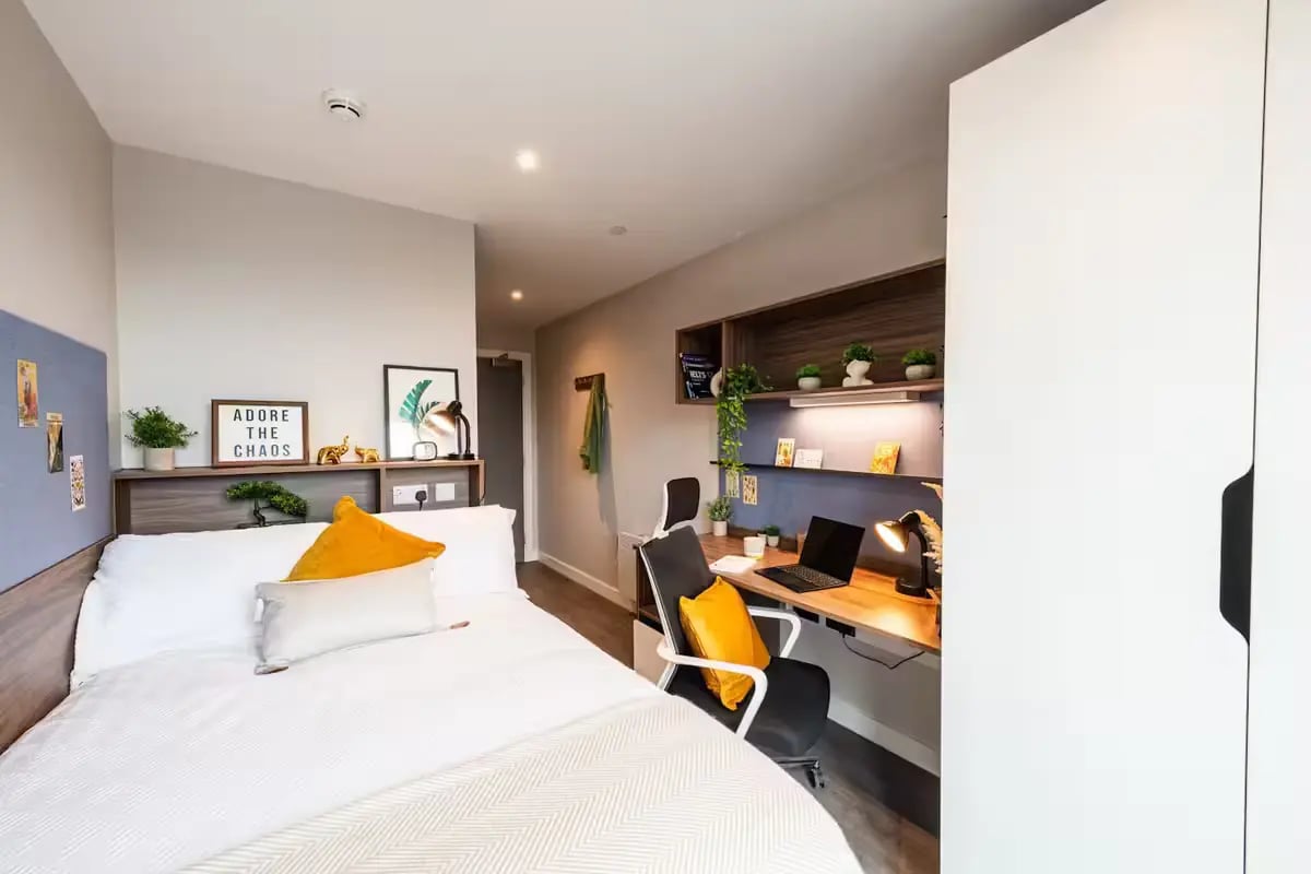 Bed desk lamp laptop plants bedroom at Nelson Place in Belfast Student Accommodation