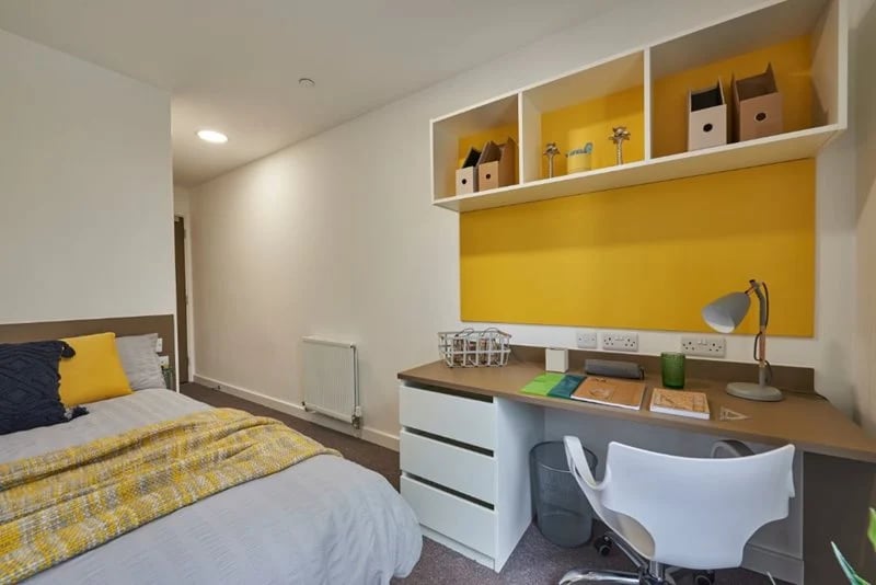 Bed desk and shelves study bedroom at Grand Felda House in Wembley Student Accommodation