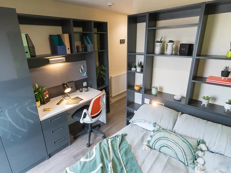 Desk bed shelving with plants and binders bedroom at Oxford House - Newcastle in Newcastle Upon Tyne Student Accommodation