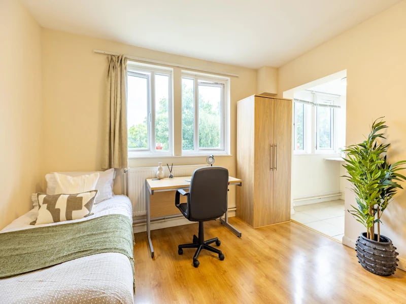 Bed desk wardrobe and plant bedroom at Brooke Hall in London Student Accommodation