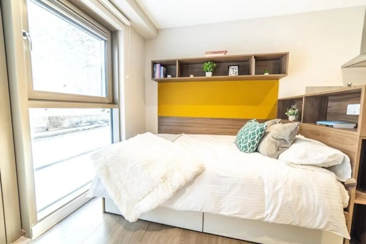 Bed with pillows shelves and window bedroom at Brewer's Court in Edinburgh Student Accommodation