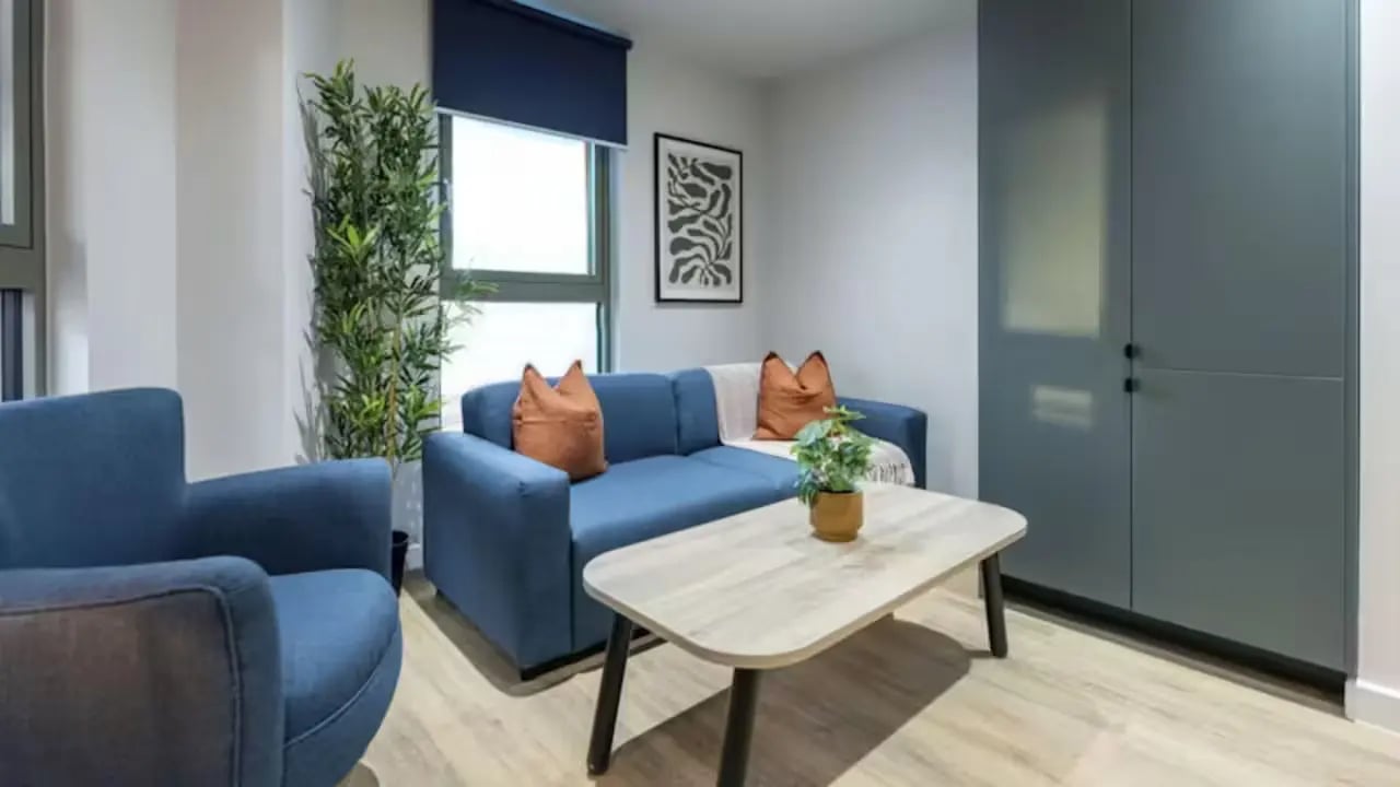 Blue sofa armchair coffee table plant living room at Centre Court in Nottingham Student Accommodation