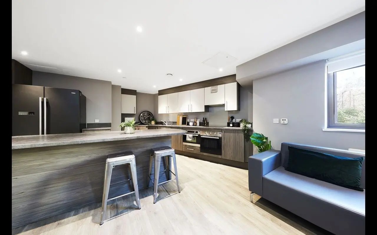 Modern kitchen with island seating and grey sofa living room at Collegiate Nova in Nottingham Student Accommodation