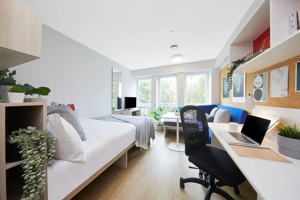Bed desk blue sofa and plants studio apartment at Collegiate Park House in Southampton Student Accommodation