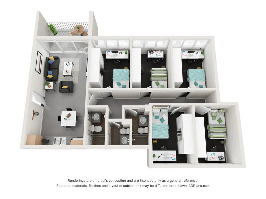 Living area kitchen bedrooms and bathrooms floor plan at Griffith University Village Gold Coast in Gold Coast Student Accommodation