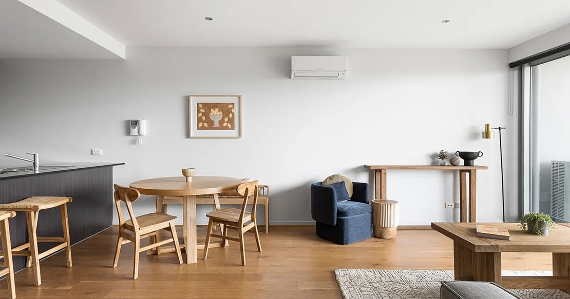 Kitchen dining and living area with furniture Living Room at UKO Royal Park in Melbourne Student Accommodation