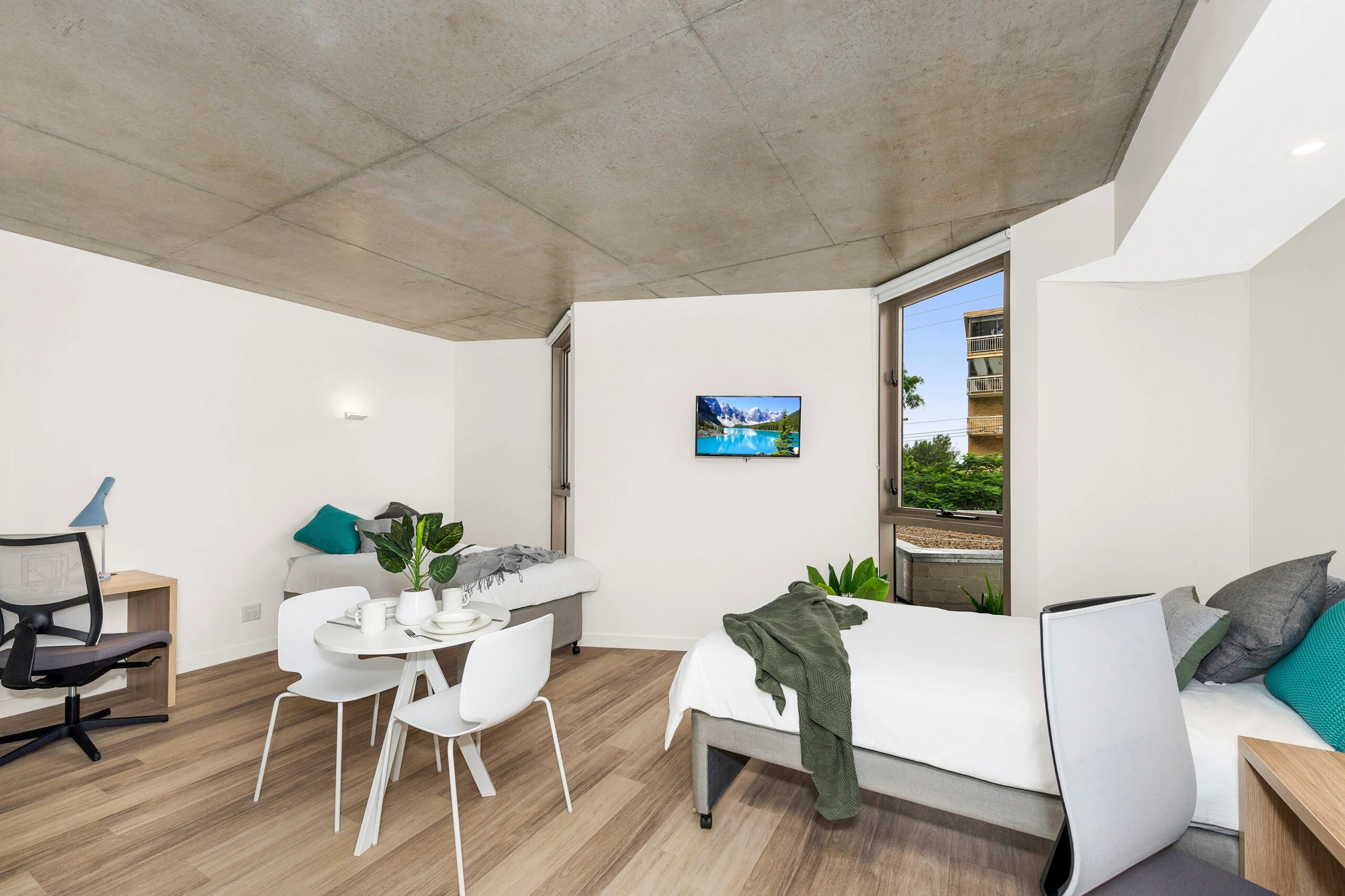 Two beds desk table chairs and television bedroom at Scape St Lucia in Brisbane Student Accommodation