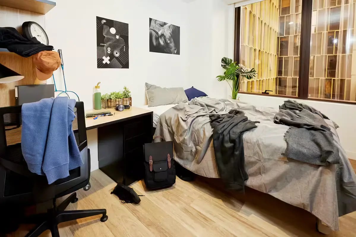 Bed desk chair artwork and plant bedroom at Scape La Trobe in Melbourne Student Accommodation