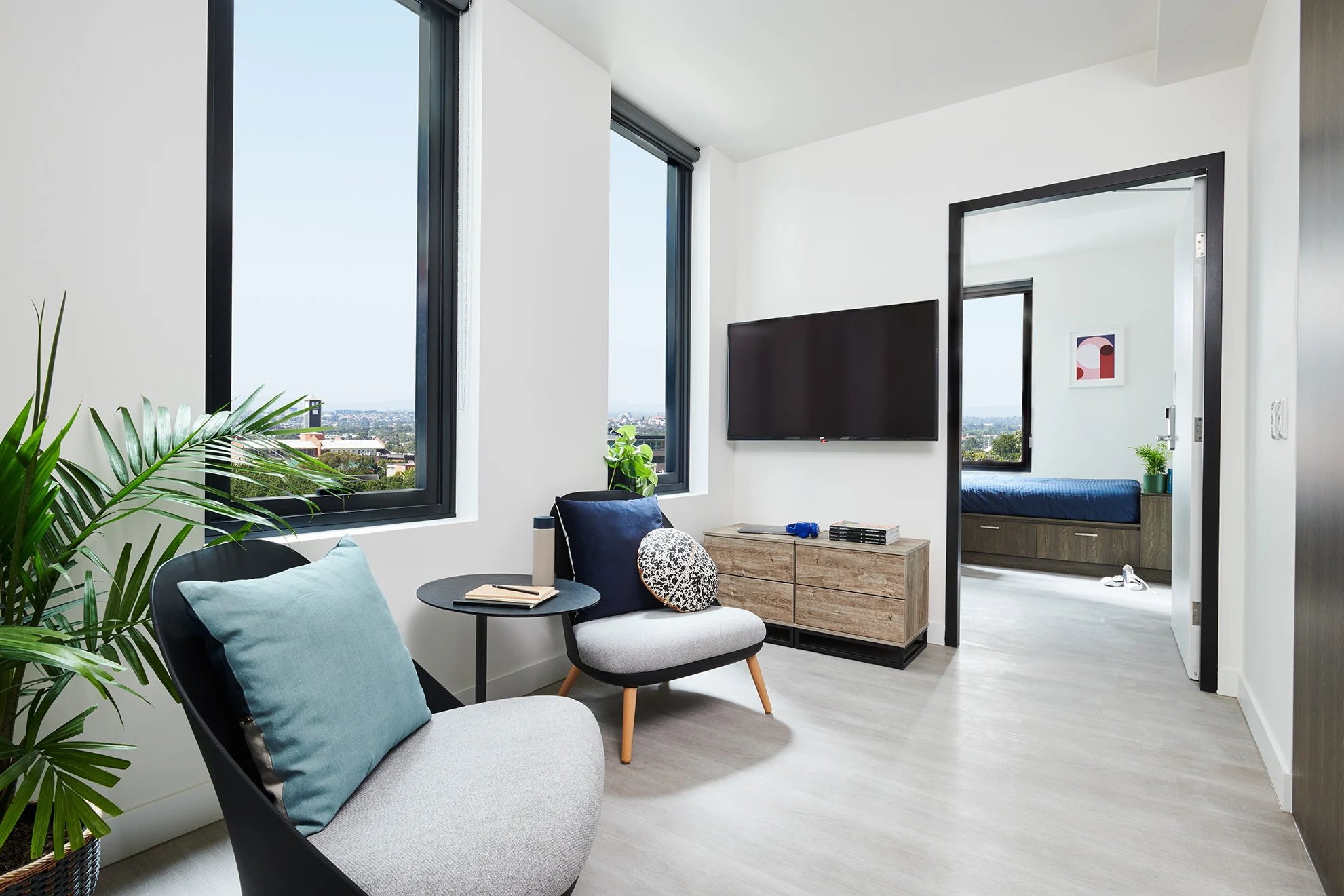 Chairs television chest of drawers and plant living room at Scape Cornell Place in Melbourne Student Accommodation