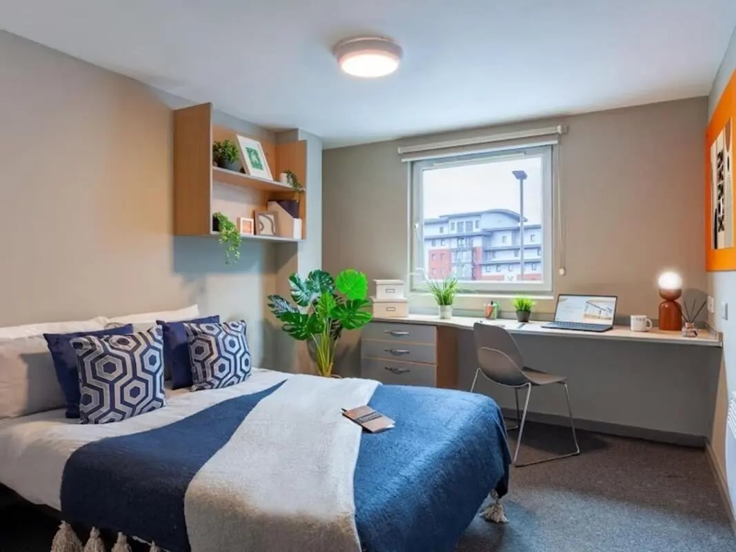 Bed desk plant and laptop bedroom at Filbert Village in Leicester Student Accommodation