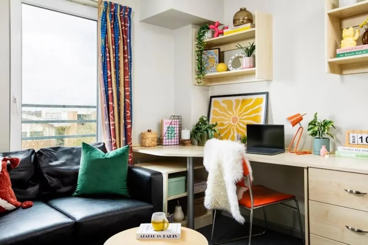 Black sofa green pillow desk laptop lamp plants living room at Newarke Point in Leicester Student Accommodation