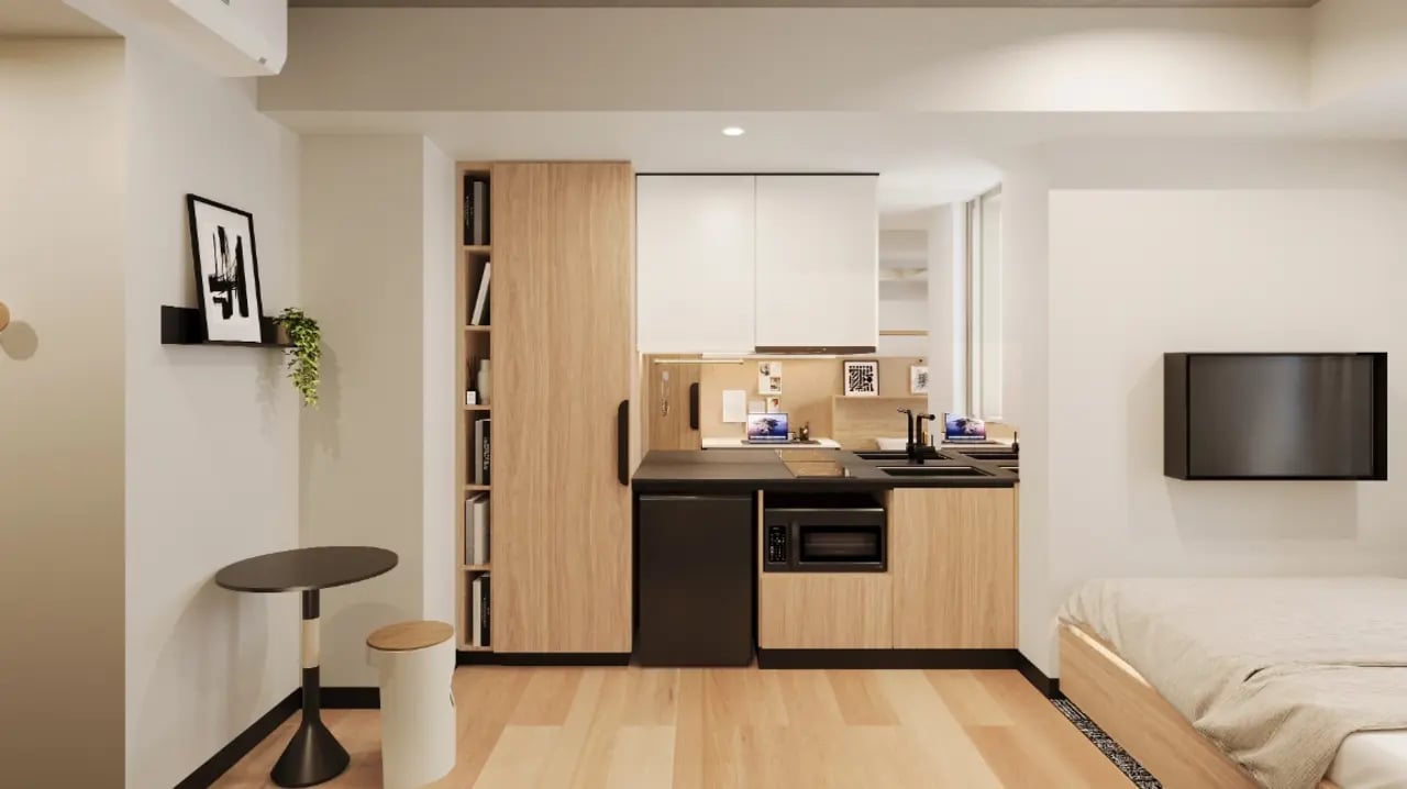 Bed, kitchen, desk, tv living room at EPIISOD Macquarie Park in Sydney Student Accommodation