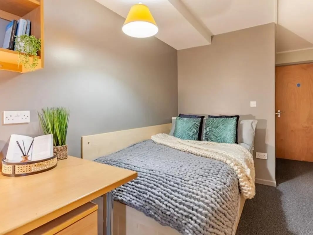 Bed with teal pillows, desk, shelf, plants Bedroom at Devonshire Courtyard in Sheffield Student Accommodation