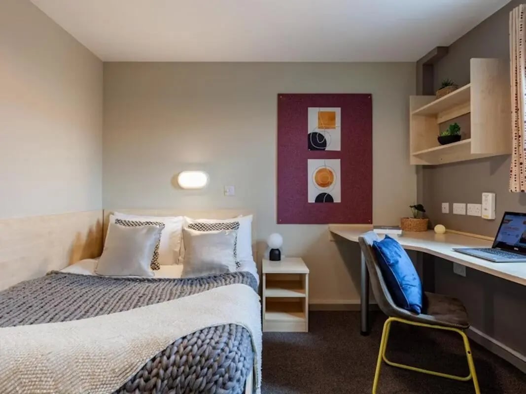 Bed desk chair artwork and shelving bedroom study area at Crown House - Reading in Reading Student Accommodation