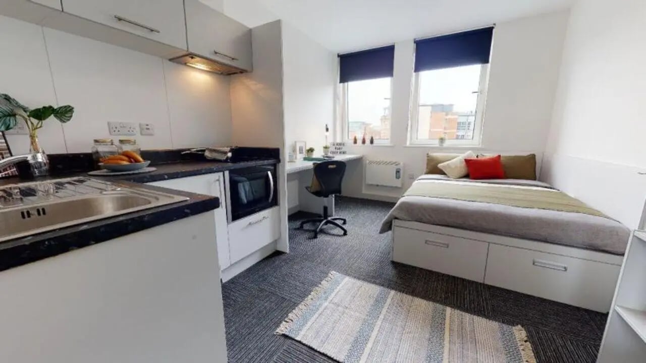 Kitchen sink microwave desk bed study room at iQ Newland House in Nottingham Student Accommodation