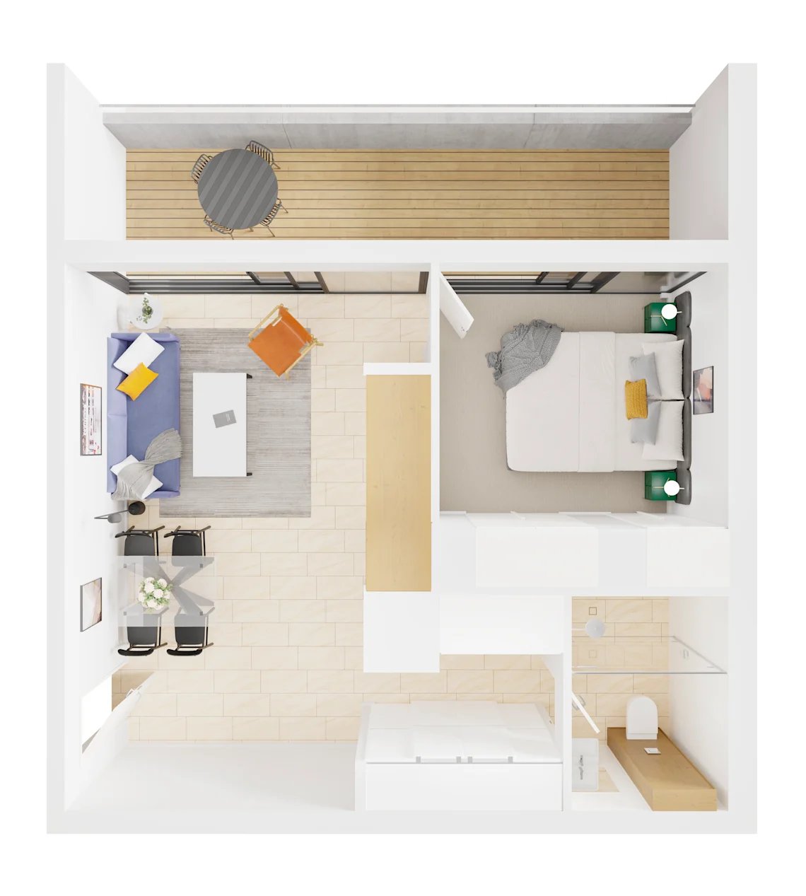 Floor plan with living room bedroom bathroom exterior at UKO Camperdown in Sydney Student Accommodation