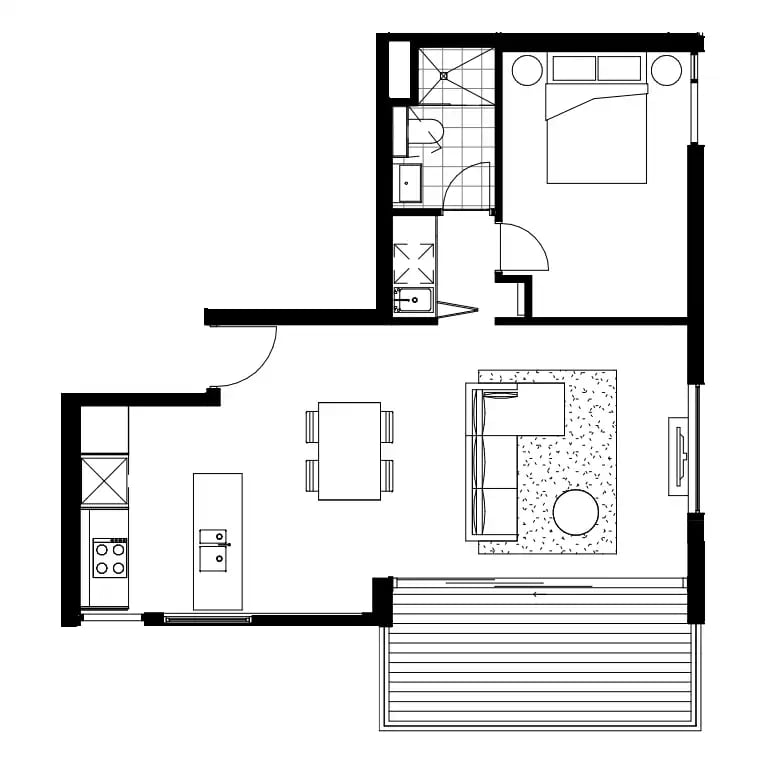 Floor plan with bed table sofa kitchen bathroom exterior at UKO Camperdown in Sydney Student Accommodation