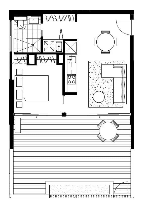 Floor plan bedroom kitchen living dining deck exterior at UKO Camperdown in Sydney Student Accommodation