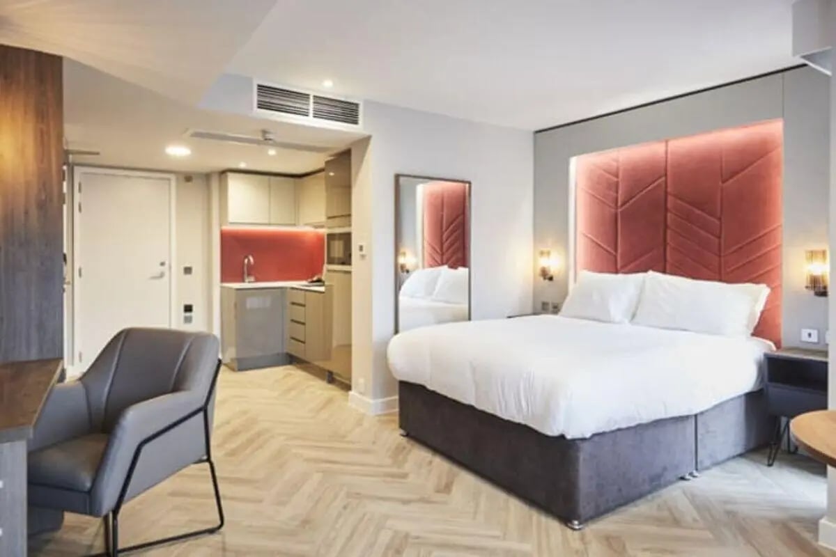 Studio apartment with bed and kitchen area. at IconInc York City in York Student Accommodation
