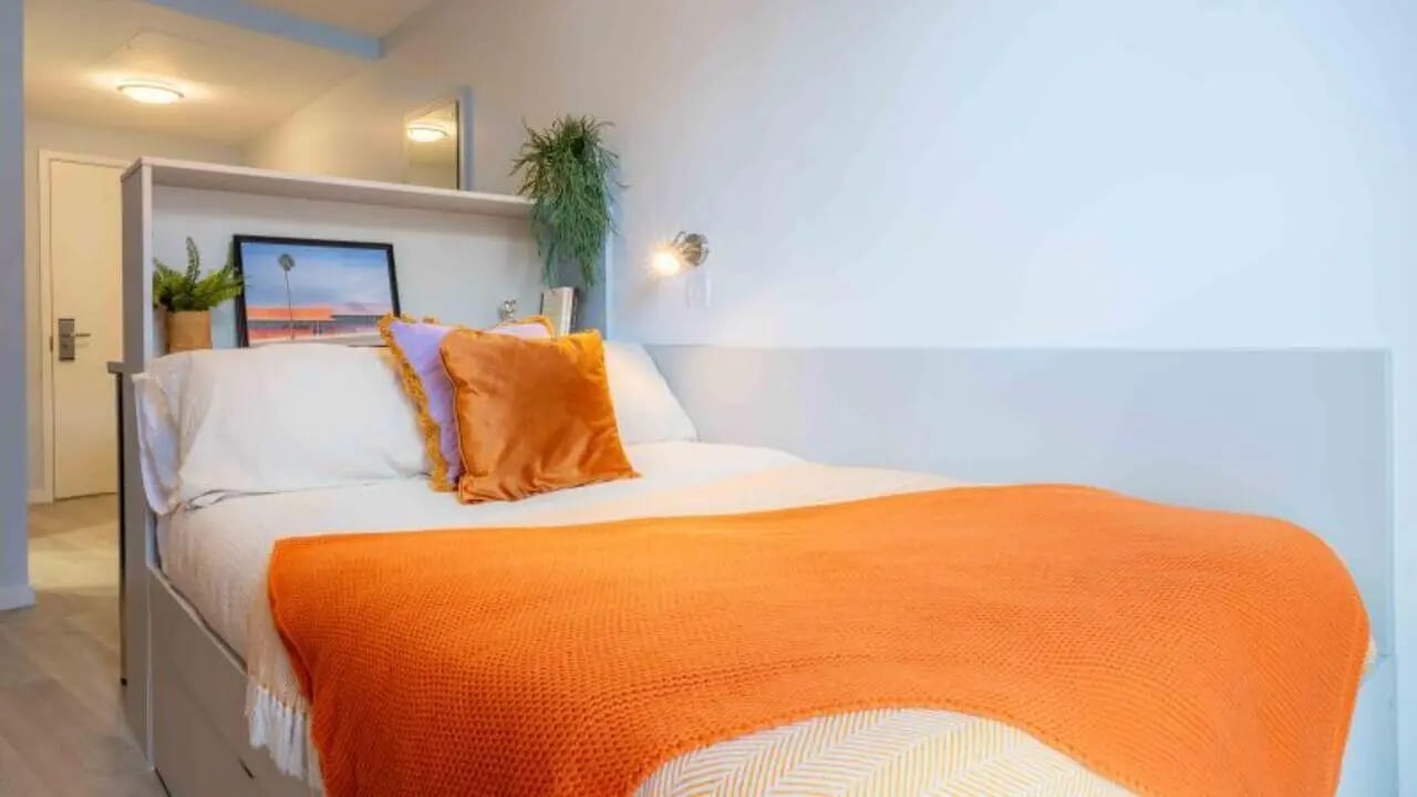 Bed pillows framed artwork plant orange throw bedroom at iQ City in London Student Accommodation