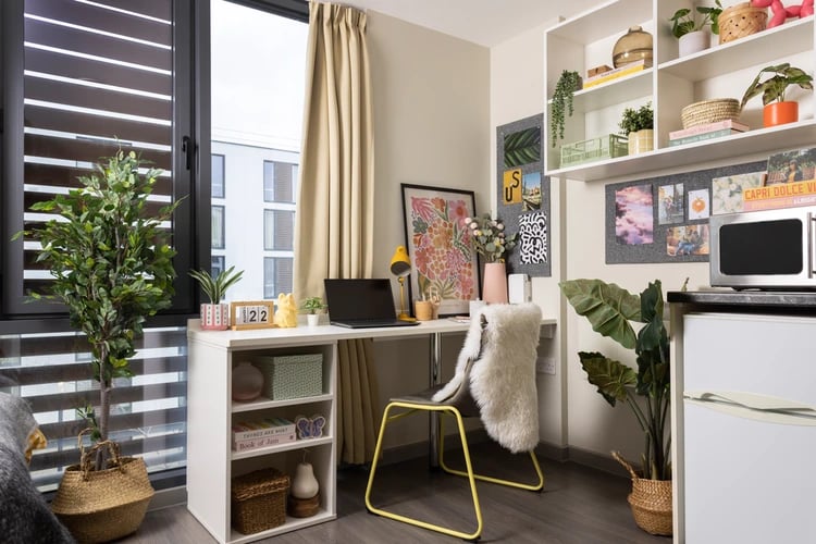 Desk plant laptop calendar chair microwave study area at Salisbury court in Edinburgh Student Accommodation