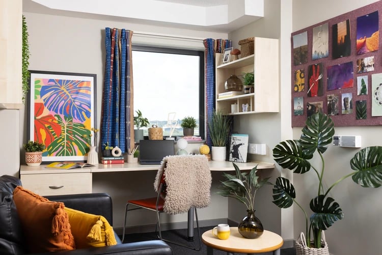 Desk plants artwork and seating student accommodation living room at Concept Place in Leeds Student Accommodation