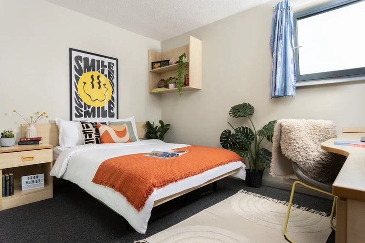 Bed side table desk poster plants bedroom at Archways in Sheffield Student Accommodation